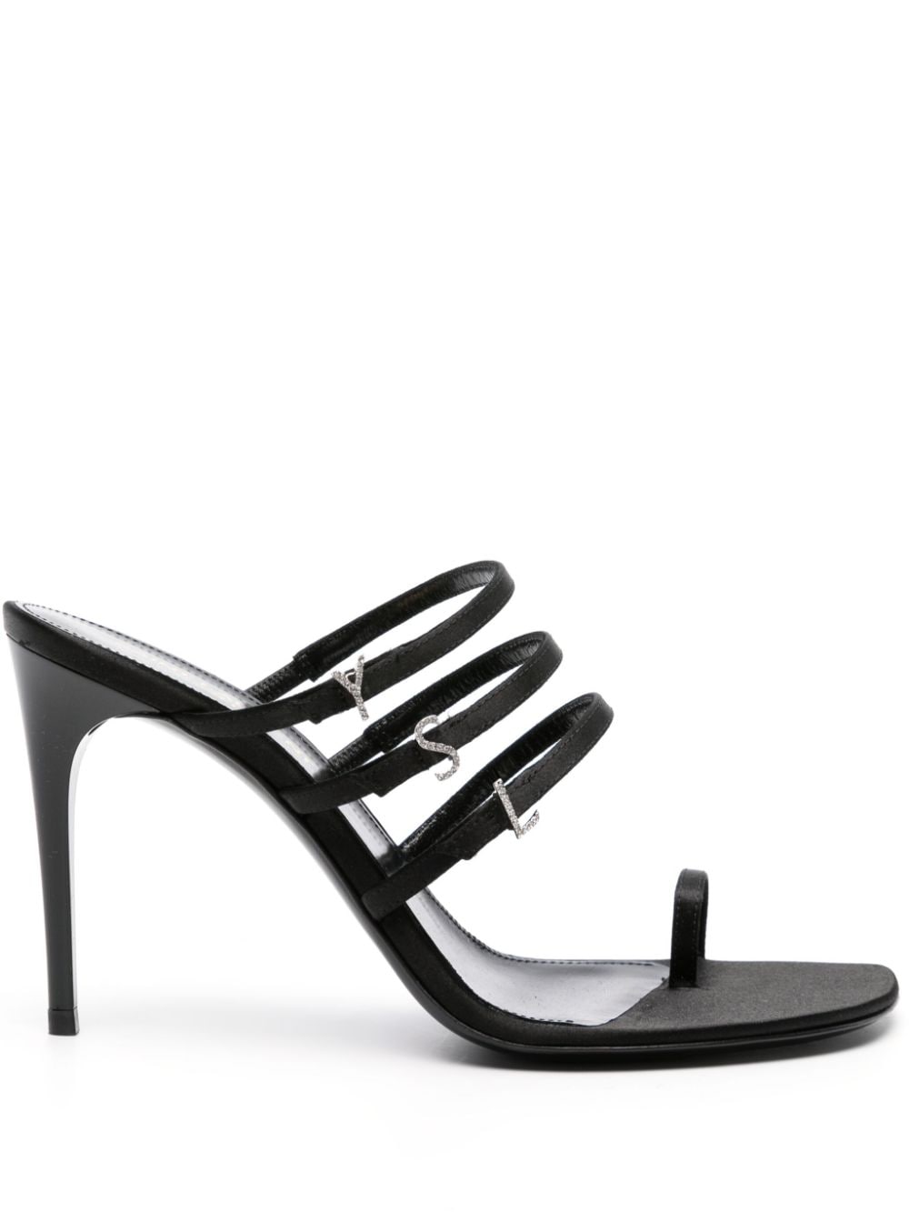【SAINT LAURENT】クリスタルエンベリッシュド サテンレザーサンダル ブラック［7752149QNAG1000］