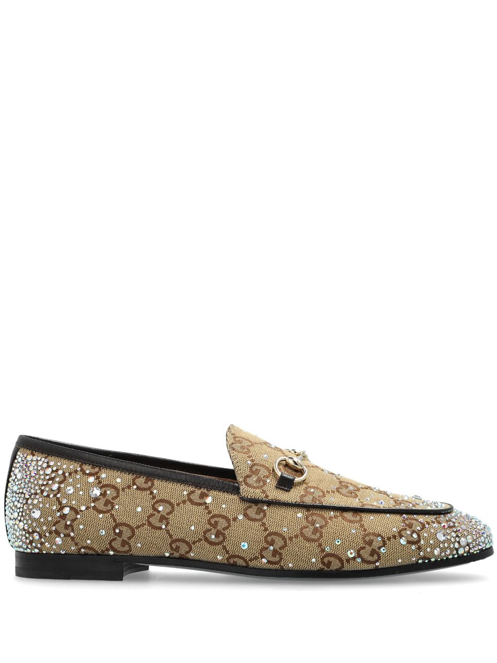 【GUCCI】ジョルダーン クリスタル装飾 ローファー ベージュ&ダークブラウンGGキャンバス［813000FAD4D2550］