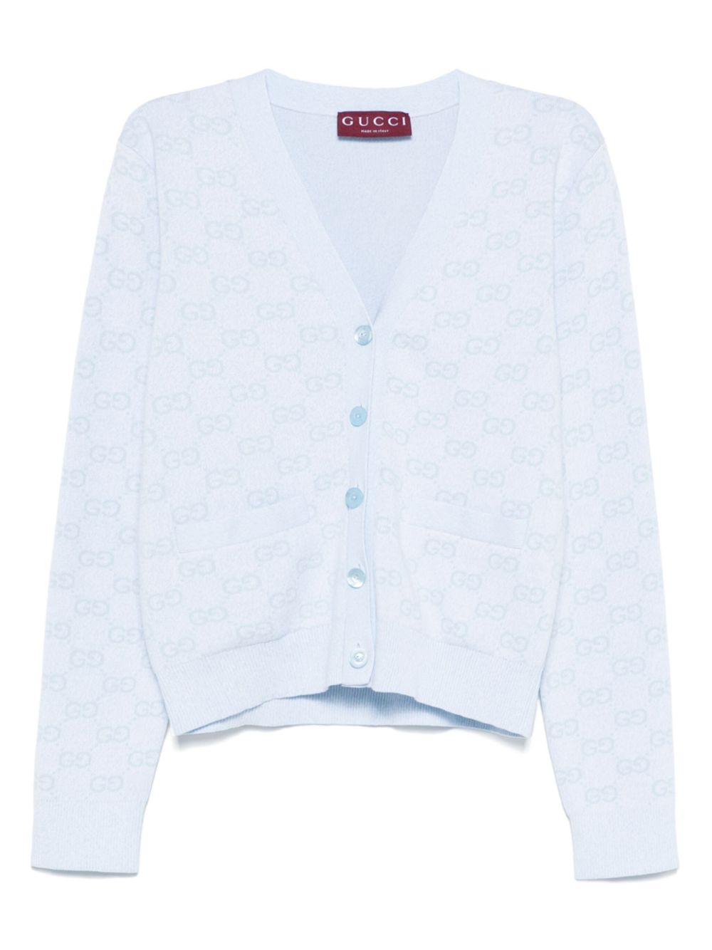 【GUCCI】Fine Cotton GG Jacquard Cardigan Light Blue & White［818735XKEOH4546］