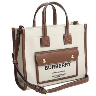 バーバリー BURBERRY トートバッグ ブランド ショルダー付 2way 通勤 通学8044143 A1395 ミニ ツートン キャンバス&レザー NATURAL-TAN ホワイト系 ブラウン系 bag-01