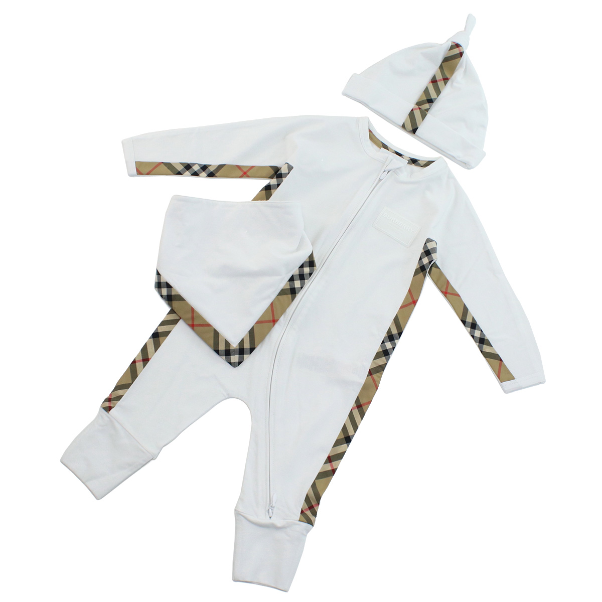 バーバリー BURBERRY ベビー ロンパース ブランド スタイ 帽子 3点セット8070264 A1464WHITE ホワイト系 kb-01