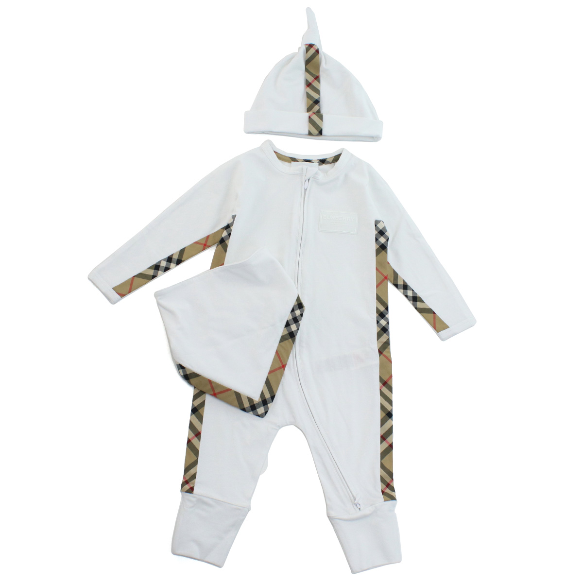 バーバリー BURBERRY ベビー ロンパース ブランド スタイ 帽子 3点セット8070264 A1464WHITE ホワイト系 kb-01 - 画像 (2)